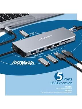 LASUNEY 13-in-1 USB C Hub Docking Station Dual HDMI DP Ethernet 4K Silver
